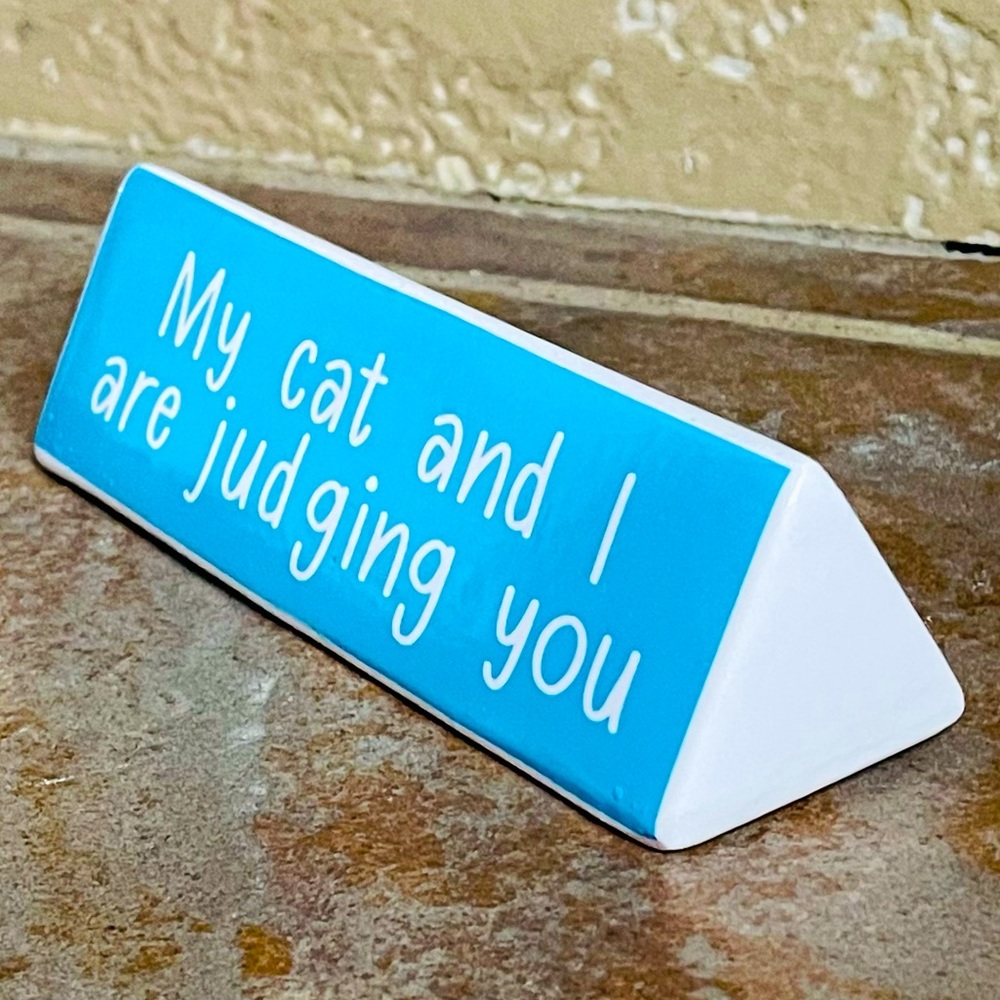 NEW “My Cat and I are Judging You” Tabletop Desk Decor Sign Kitty Lover Blue - Picture 3 of 4